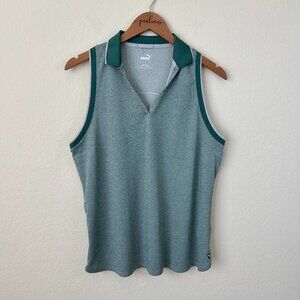 Puma Top Womens Large Green Heathered Sleeveless Activewear Polo Shirt L
